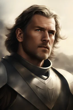 {{Man}}, Male, Ruggedly Handsome, Silver Hair, Short Hair, Adult, Ray Stevenson/Alan Ritchson, {{Blue Eyes}}, Armor, Olive Skin Tone, Knight, Digital Art