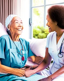 A warm, inviting image of a caring nurse providing personalized care to a smiling patient at home