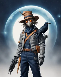 terrifingly cute cyberpunk scarecrow holding a crow, in the style of Android Jones, photography, head to toe, full body shot, white, navy blue grey, very detailed, very clear photo, 3D,