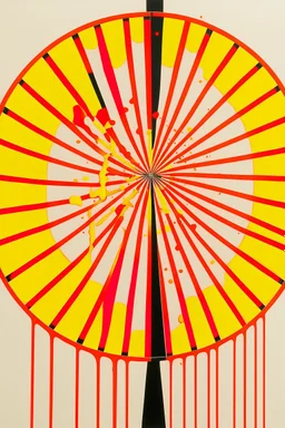 "Cross Hatching and splatter" depicts the results of a can of orange-red Paint splattered through a spinning Fan; Ilya Bolotowsky