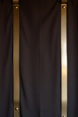 darker textured hanging fabric background stretched between decorative brass metal strips riveted at both top and bottom