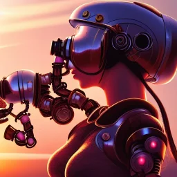 great illustrator, spanish, realistic rendering of a cute spanish girl kissing a cybergirl with helmet, beautiful, steampunk style. Helmet with tubes. Machinery in the background. robotic bird flying. High details. 4k. unreal engine, sunset