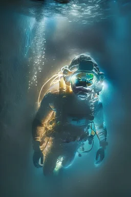 Foto realistica de um mergulhador na escuridão iluminado apenas pela luz da luz