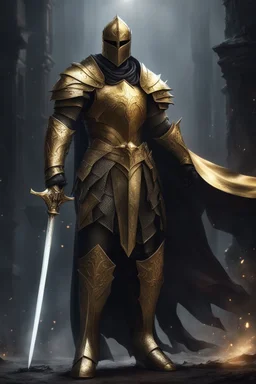 photorealistic holy knight paladin in darkly gold armor and a cape wielding a greatsword in abyss