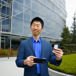 A short haired, Japanese Male software engineer from MIT taking a selfie in front of Building 92 at Microsoft in Redmond, Washington