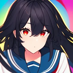 Clear focus, High resolution, long black fluffy hair, red eyes, chopped bangs, wearing a sailor uniform, wearing a sailor skirt, colorful, hollywood, female, no outlines, extreme close up, rough line sketch