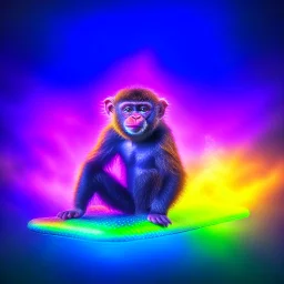 portrait of psychedelic monkey on surfboard photo shoot, 8k, down-light, soft light, depth of field, photo realism, trending on art station, high detail, smoke and fog