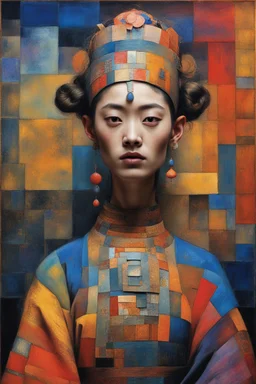 gorgeous portrait of a beautiful ancient princess. “Shaolin Textile Patchwork Fashion Model" By Enki Bilal & Paul Klee & Jennifer Lommers & Hans Hartung & Meghan Duncanson & Mark Rothko & Dee Nickerson & Victor Brauner & Didier Lourenço & ∞ Modifiers: Colorful Oil On Rainy Night Canvas Unstructured Maximalism Novelty architecture internally decorative Crepuscular Luminosity Hyper-Structured Minimalism show objects in great details and accuracy Legit emotional reactions perfect body coordination