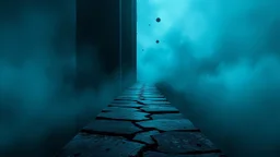 passage over nothingness, surreal, dark and cold abstract artwork dominated by deep blue, icy cyan, charcoal black and muted steel-grey tones. An narrow passageway emerges from an abstract distorted weird landscape, surrounded by thick fog and drifting mist. The space feels nightmare, alien and unsettling, with tiny floating circles and lines geometric forms, black onix column fragmented and unnatural perspectives. At the center of the composition cracked stone way over abyss