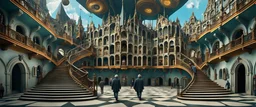 'Hieronymus Bosch'and 'Salvador Dali' look confused as they walk around large building (in the style of 'M C Escher') with many staircases and perspective inversions. Ultra high detail, photoreal, epic cinematic, 8K, Large depth of fie