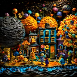 Detailed, people, street made of modeling clay and felt, village, stars, galaxy and planets, black sun, volumetric light, ZBrush, Max Ernst, flowers, naïve, Tim Burton, strong texture, extreme detail, Yves Tanguy, decal, rich moody colors, sparkles, Harry Potter, bokeh, odd