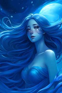 A blue goddess with long hair. She has white pupilless eyes and is floating in the sky. Her blue skin is mildly reflective.