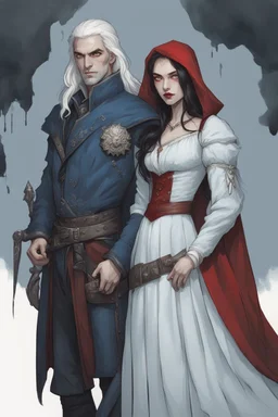 A couple, from the dnd game curse of Strahd. The woman has long white hair and blue eyes, the man has LONG BLACK hair and red eyes, no facial hair.