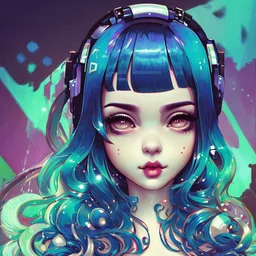 singer Melanie Martinez face, beautiful cyberpunk huge girl, hyperdetailed, illustration by Katsushika Hokusai, darkblue tones,