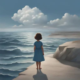 A young girl appears with her back standing in front of the sea in a drawn painting. The girl watches the sky and the sea approaches her with its calm waves. The girl in the blue dress and short hair looks at the sky where there is a cloud from which the name Reem emerges in a three-dimensional form.