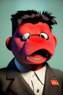 Waist up muppet Portrait, Kim Jong-un muppet doll, black suit, photo studio, red background, unreal engine 5, concept art, art station, ray tracing, lumen lighting, ultra detail, volumetric lighting, 3d.