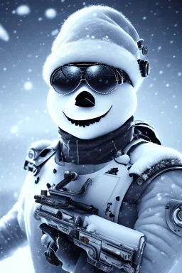 Snow man like a cyborg,with sunglasses,with gun,detail,textures,cinematic