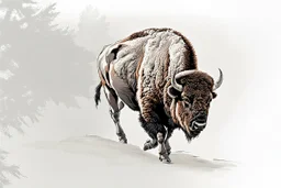 Bison walking towards viewer's right, on white background, fades out on the left