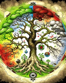 The tree of life is made of the four seasons of spring, summer, autumn, winter, along with light, water, fire, wind, earth, and love, along with the symbol of Yang-ying