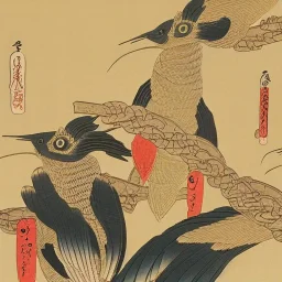 Ukiyo-e style illustration of three birds in bamboo armor gold high detail