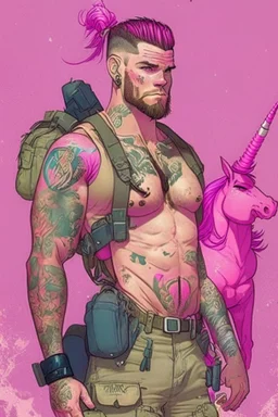 Max Pettis, a tall muscular guy with a short trimmed beard, wild brown hair, lots of tattoos and piercings. He was a USMC grunt before the apocalypse. Now he is known by his distinct pink fanny pack with a unicorn on it.