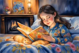Vibrant sketch and charcoal, shiny metallic effect watercolor, white edges, egy arany-fekete pizsamát viselő kék szemű brunette lány vidáman olvas a hímzett virágos needle felt mohair ágyneműs ágyban, tiffany lámpa a kisasztalon, kandallótűz, cirmos cica fekszik a paplanon, in firelight