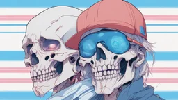 a close up of a person with a skull on their head, blue and white colors, anime skull portrait man, scary detailed art in color, hiroyuki-mitsume takahashi, nychos art aesthetic, half man half skeleton, anime cyberpunk art, colored manga art, rossdraws pastel vibrant, hot colors. insanely detailed, beautiful anime portrait, stunning anime face portrait, scary art in color