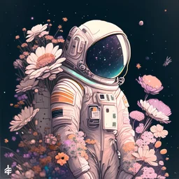 "floral astronaut" hand-drawn digital art, muted tones, flowers everywhere, REALISTIC, anime, 4k, colorful, galaxy, space