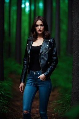 20 year old female tracker, mousey brown hair wearing jeans and a leather jacket, modern fantasy, in a forest