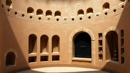 Front view of a circular room filled with niches. The circular area on the right, past the corner, is filled with niches cut into the wall at the top. On the far left in front, there is another black niche that is open. It is supported by several niches that are wide and round. The one on the right has the middle door closed. It has small niches along the side where things can be seen. Only the bottom part of the wall has a shadow underneath it on the right side.