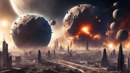 Universe on the distant planet Zyron, cities impending catastrophe explosions