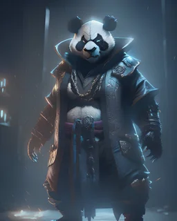 Cool Panda assassin boss in clothes game character, dark lighting , Blender, octane render, high quality masterpiece