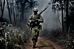 Spectral ghost of a headless soldier carrying a Thompson machine gun through the Congo at night