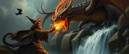 octopus bird witch bear dragon waterfall looks beyond really powerful slapping a bird in the face with fire, fantasy illustration, in the style of Rembrandt