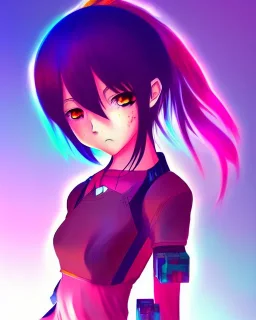 Anime girl, anime style, concept art, artstation, muted colors, cool colors , cyberpunk, colorful bismuth crystal colors, hyper details, exquisite and gorgeous