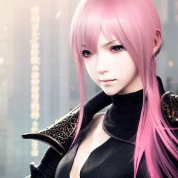 Detailed girl, woman, pink hair, yorha 2b hairstyle, au'ra final fantasy, horns coming out the side of the head, intricate details, full body portrait, keep head in frame, slight smile, black Japanese motif, concept art, highly detailed, digital painting, concept art, sharp focus, illustration, art by Yoji Shinkawa, WLOP and greg rutkowski and alphonse mucha and artgerm and yanjun Chen and Junji ito and Makoto Shinkai, HDR, octane render, highly detailed