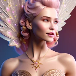 enlighten, light pink pink colors, beautiful portrait of happy blonde bright fairy with wings, smiling joyfull, crystals, gold dress, winter landskape, depth of field, 8 K, fantasy