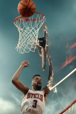 8k, highly realistic and detailed image of a NBA basketball player in action dunking the ball in the net, sweaty hair, screaming look,action and smoke and flames background