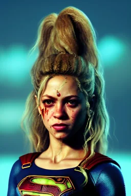 portrait, Shakira, make-up, angry, Realistic image, superhero, retro style, 70s, supergirl, blood, sweat, fog, goddess. Color background, photo studio, concept art, smooth, unreal engine 5, god lights, ray tracing, RTX, lumen lighting, ultra detail, volumetric lighting, 3d, finely drawn, high definition, 4k.