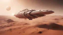 Highly detailed spaceship flying through the dessert above mars, image capturing the dynamic and implied movement, establishing shot, sand - storm, mars desert, peach light, movie still, Phantom High-Speed Camera style raw