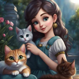 very beautiful realistic cartoon girl with cat