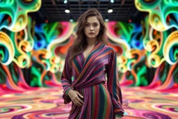 beautiful lady in sureal stage made of fractal random size sphers with helical strip colors in clothing similar to environment fullbody posing to camera