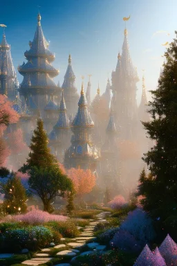 landscape, city of the elves, rose, gold, very blue sky, crystal domes, glistening oiled shiny, intricate, Exquisite details and textures, highly detailed, digital painting, artstation, concept art, sharp focus, nature background, illustration, 8k, by stability ai, nvidia