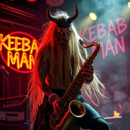 a very thin swedish viking man, evil with very long blonde hair (2 meter), (fat glowing eyes), he is called "KEBAB MAN" performing at death metal club, his name is "KEBAB MAN" kebab rolls On stage, kebab Neon lights and smog, and "KEBAB MAN" big sign on the wall, kebab tribal tattooes, spinning kebab machines, flames and smoke, chaos, he using gasolin and pour it on the saxophone on the stage