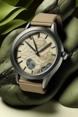 Generate an image of a ceramic watch set against a natural, earthy background, illustrating the fusion of modern design with nature's beauty.