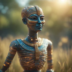 electric egyptian mummy t-pose upper body of made from tinted murano glass in long grass ,bokeh like f/0.8, tilt-shift lens 8k, high detail, smooth render, down-light, unreal engine,bokeh like f/0.8, tilt-shift lens 8k, high detail, smooth render, down-light, unreal engine