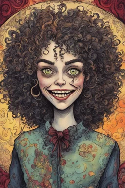 a cartoon illustration of a schizophrenic curly haired vampire girl , in the cartoon style of Lynda Barry , Ernie Pook's Comeek, vibrant natural colors, , museum quality masterpiece