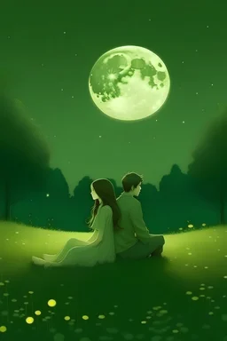 A girl in the middle of a wide, green place full of peace, the moon and the sun gathered together in harmony, and the man of her dreams remained with her there