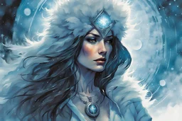 create a highly detailed high fantasy portrait illustration of a sensual sorceress clothed in hoarfrost, amidst a swirling blizzard on the eve of Samhain under the watch of a baleful moon in the graphic novel style of Bill Sienkiewicz, with highly detailed facial features and clothing, otherworldly and ethereal