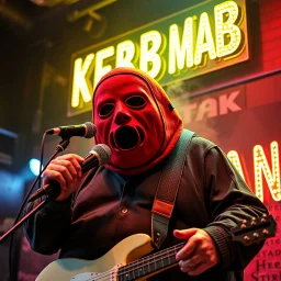 a very fat swedish man, with a mask with only a hole for the mouth, he is called "KEBAB MAN" performing at rock club, his name is "KEBAB MAN" kebab rolls On stage, kebab Neon lights and smog, and "KEBAB MAN" big sign on the wall, he singing with mic, text in swedish! no translate mr. stable ai, text in swedish! no translate mr. stable ai, text in swedish! no translate mr. stable ai